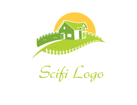 picket fence and sun behind farmhouse logo