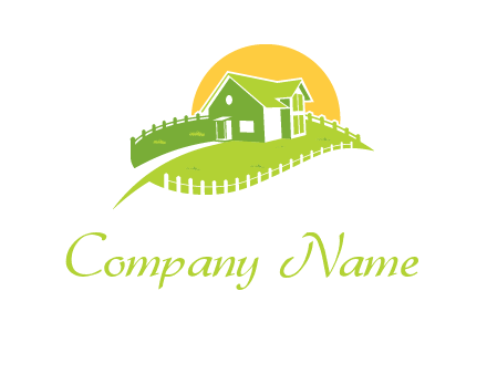 picket fence and sun behind farmhouse logo