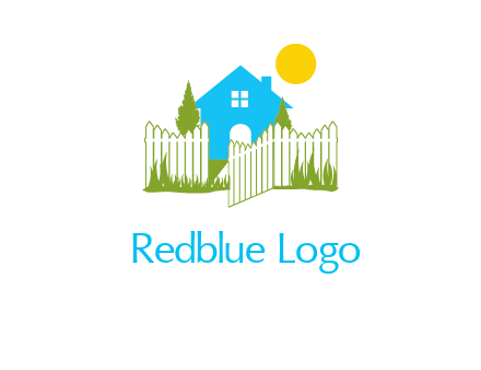 fence and house with trees sun real estate logo