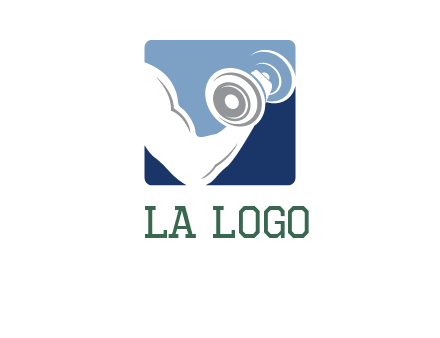 muscle arm with dumbbell in square logo icon