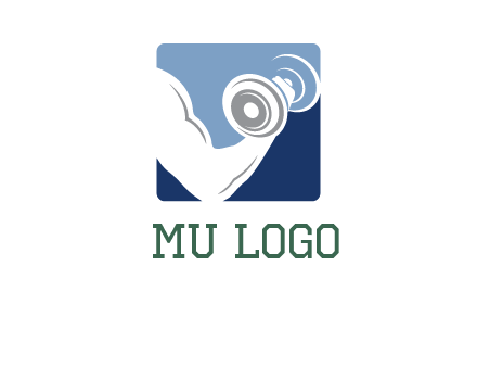 muscle arm with dumbbell in square logo icon