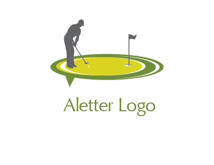 man playing golf on turf with flag logo