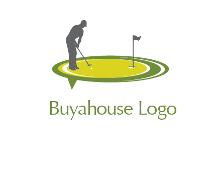 man playing golf on turf with flag logo