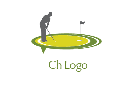 man playing golf on turf with flag logo