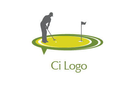 man playing golf on turf with flag logo