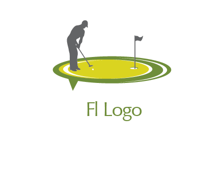 man playing golf on turf with flag logo