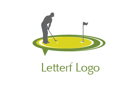 man playing golf on turf with flag logo