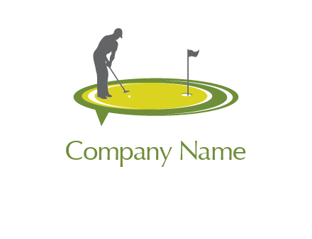 man playing golf on turf with flag logo