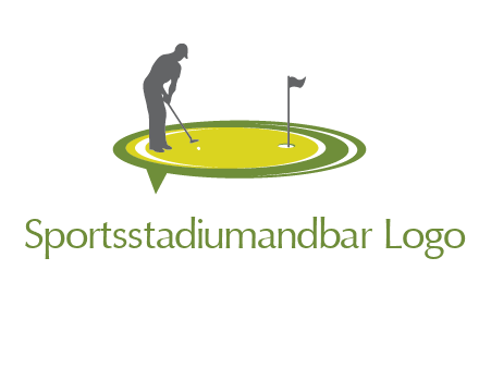 man playing golf on turf with flag logo