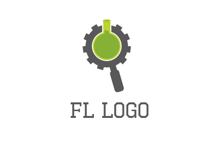 flask inside gear magnifying glass research engineering logo