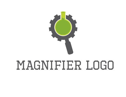 flask inside gear magnifying glass research engineering logo