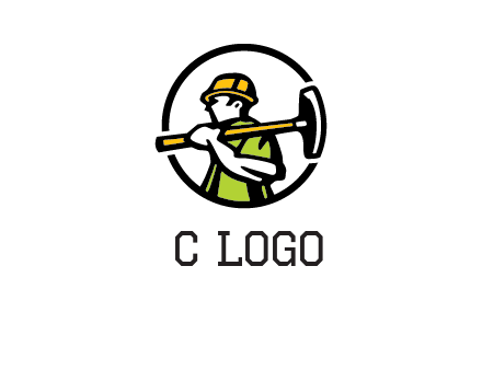 outline man holding axe in circle construction logo