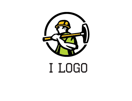 outline man holding axe in circle construction logo