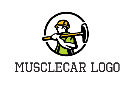 outline man holding axe in circle construction logo