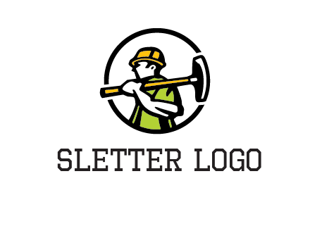 outline man holding axe in circle construction logo