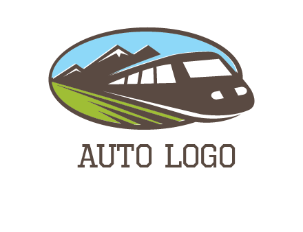 mountains and bullet train in oval illustration logo