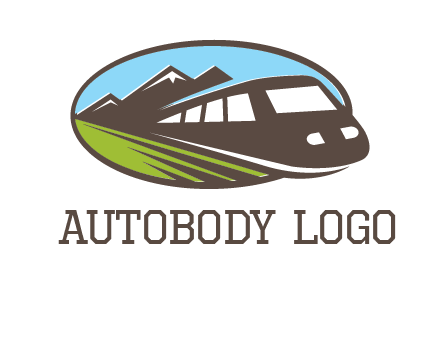 mountains and bullet train in oval illustration logo