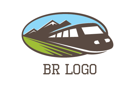 mountains and bullet train in oval illustration logo