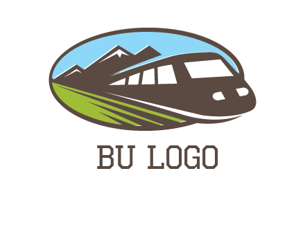 mountains and bullet train in oval illustration logo