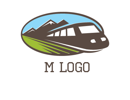 mountains and bullet train in oval illustration logo