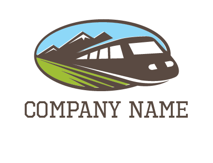 mountains and bullet train in oval illustration logo