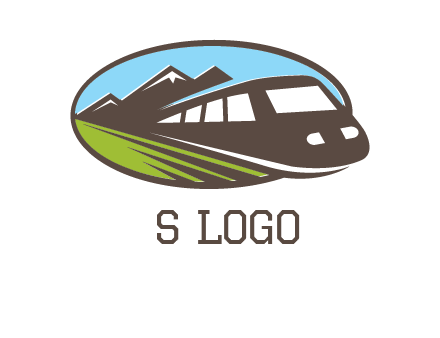 mountains and bullet train in oval illustration logo