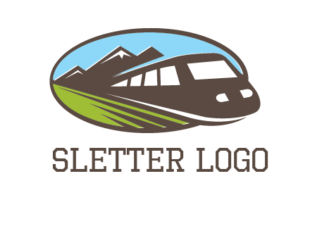 mountains and bullet train in oval illustration logo