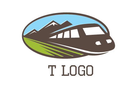 mountains and bullet train in oval illustration logo