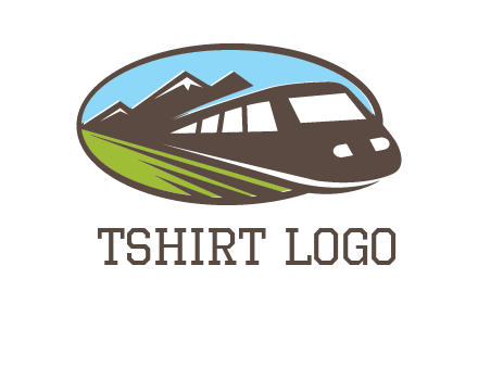 mountains and bullet train in oval illustration logo