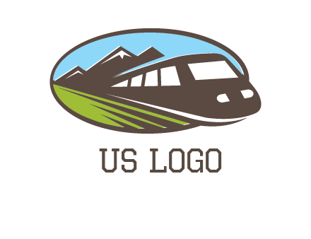 mountains and bullet train in oval illustration logo