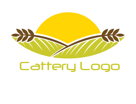 sunset over wheat stalks and farm logo