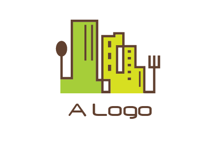 upright fork spoon and buildings catering logo