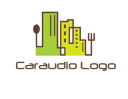 upright fork spoon and buildings catering logo