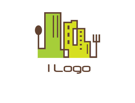 upright fork spoon and buildings catering logo