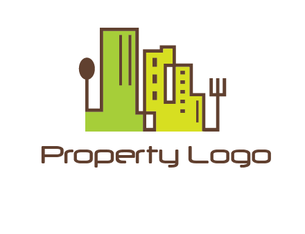 upright fork spoon and buildings catering logo