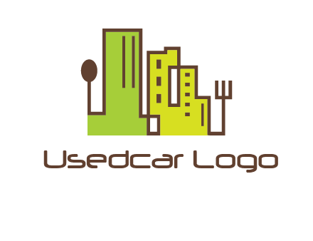 upright fork spoon and buildings catering logo