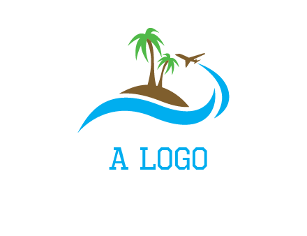 palm trees on island and airplane travel logo