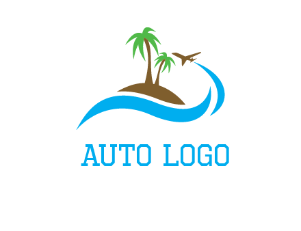 palm trees on island and airplane travel logo