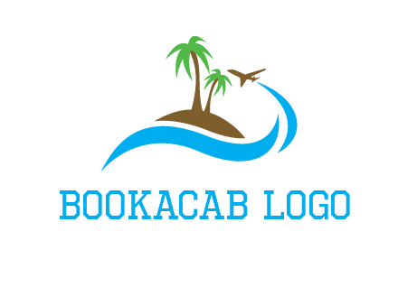 palm trees on island and airplane travel logo