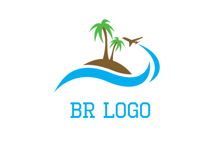 palm trees on island and airplane travel logo