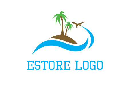 palm trees on island and airplane travel logo