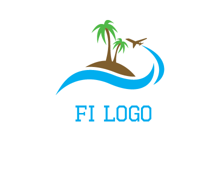 palm trees on island and airplane travel logo