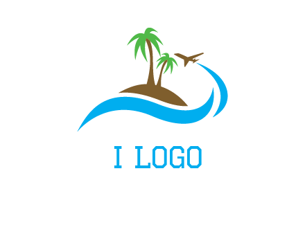 palm trees on island and airplane travel logo