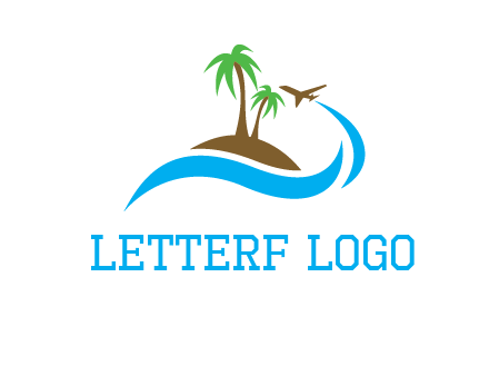 palm trees on island and airplane travel logo