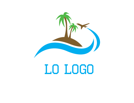 palm trees on island and airplane travel logo