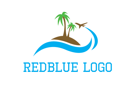 palm trees on island and airplane travel logo