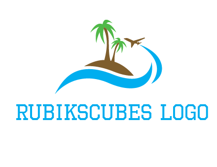 palm trees on island and airplane travel logo