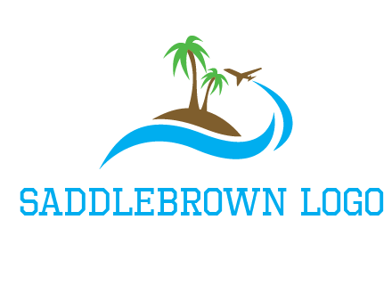 palm trees on island and airplane travel logo