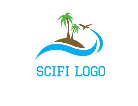 palm trees on island and airplane travel logo