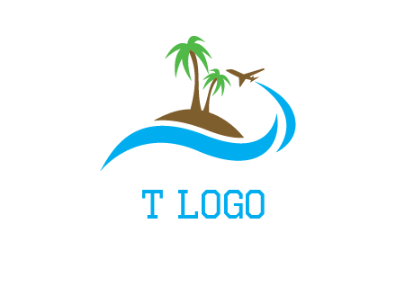 palm trees on island and airplane travel logo